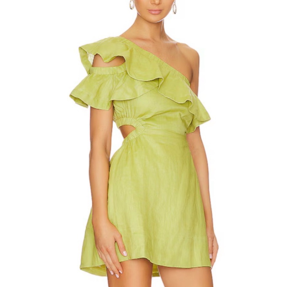 REVOLVE Sovere One-Shoulder Apple Green Ruffle Cutout Linen Mini Dress Size M